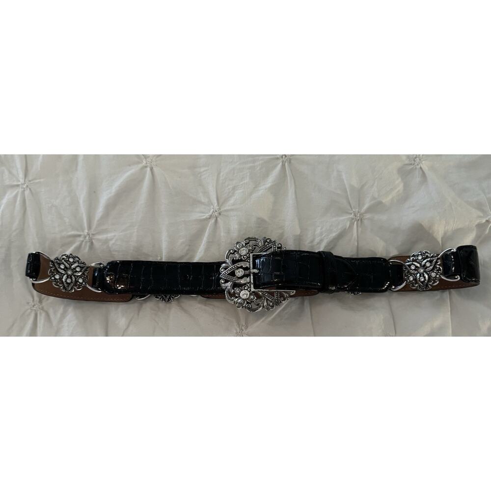 Vintage Brighton Leather Belt Charms Embellished Black Silvertone Links 90s